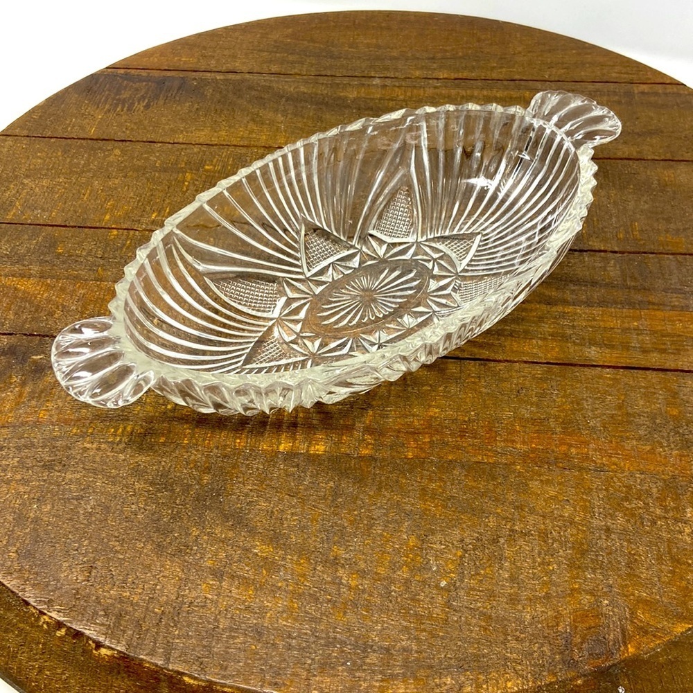 Vintage Hazel Atlas #573 Clear Glass Handled Relish Dish Ribbed Diamond Pattern